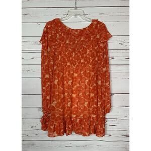 Free People Women s S Small Orange Print Long Sleeve Ruffle Cute Mini Boho Dress